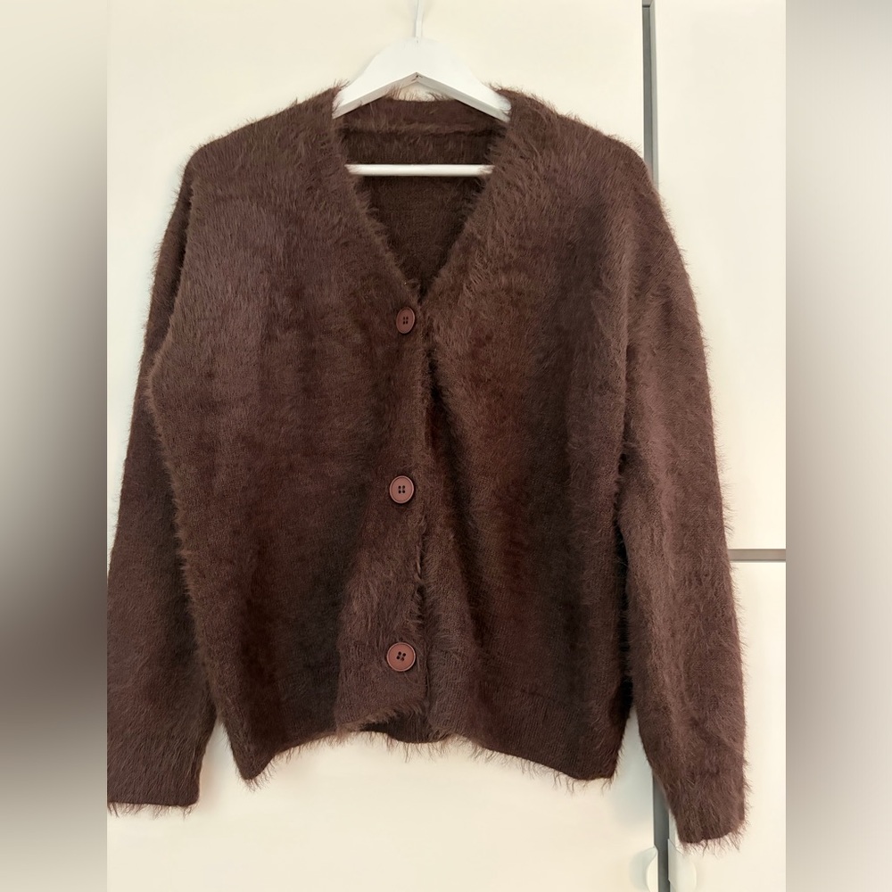 Amazon Women's Fuzzy Brown Button-Front Cardigan Sweater